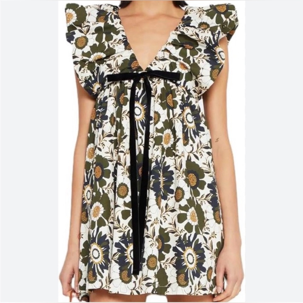 OPT Didi Dress Black Green Floral Party Puff Sleeves Babydoll Size Small